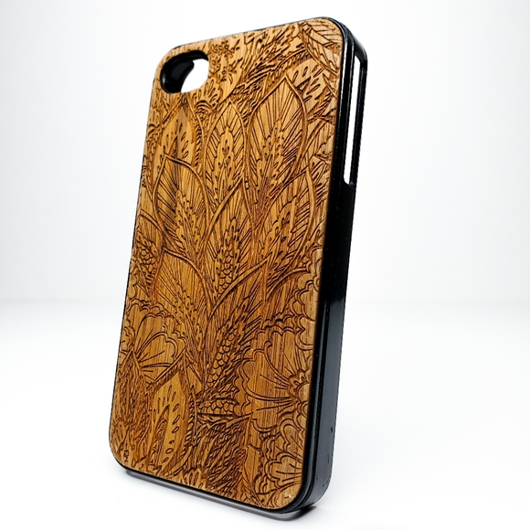 Boho Floral Rangoli Henna Hand-Carved Wooden iPhone 4 Case Melrose Trading Post - Picture 4 of 13